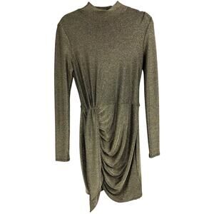 Reformation Paprika Dress Gold Black Sparkle Slinky Long Sleeve High Neck Drape